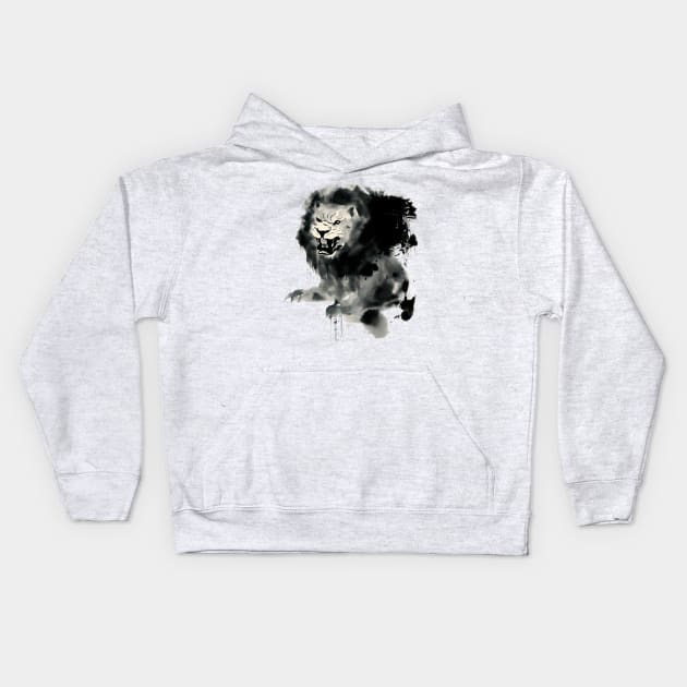 Lion Japanese ink Painting Kids Hoodie by Ravenglow